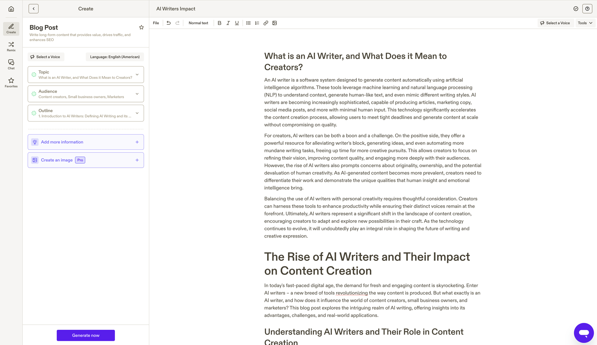 The Jasper.AI blog writing interface