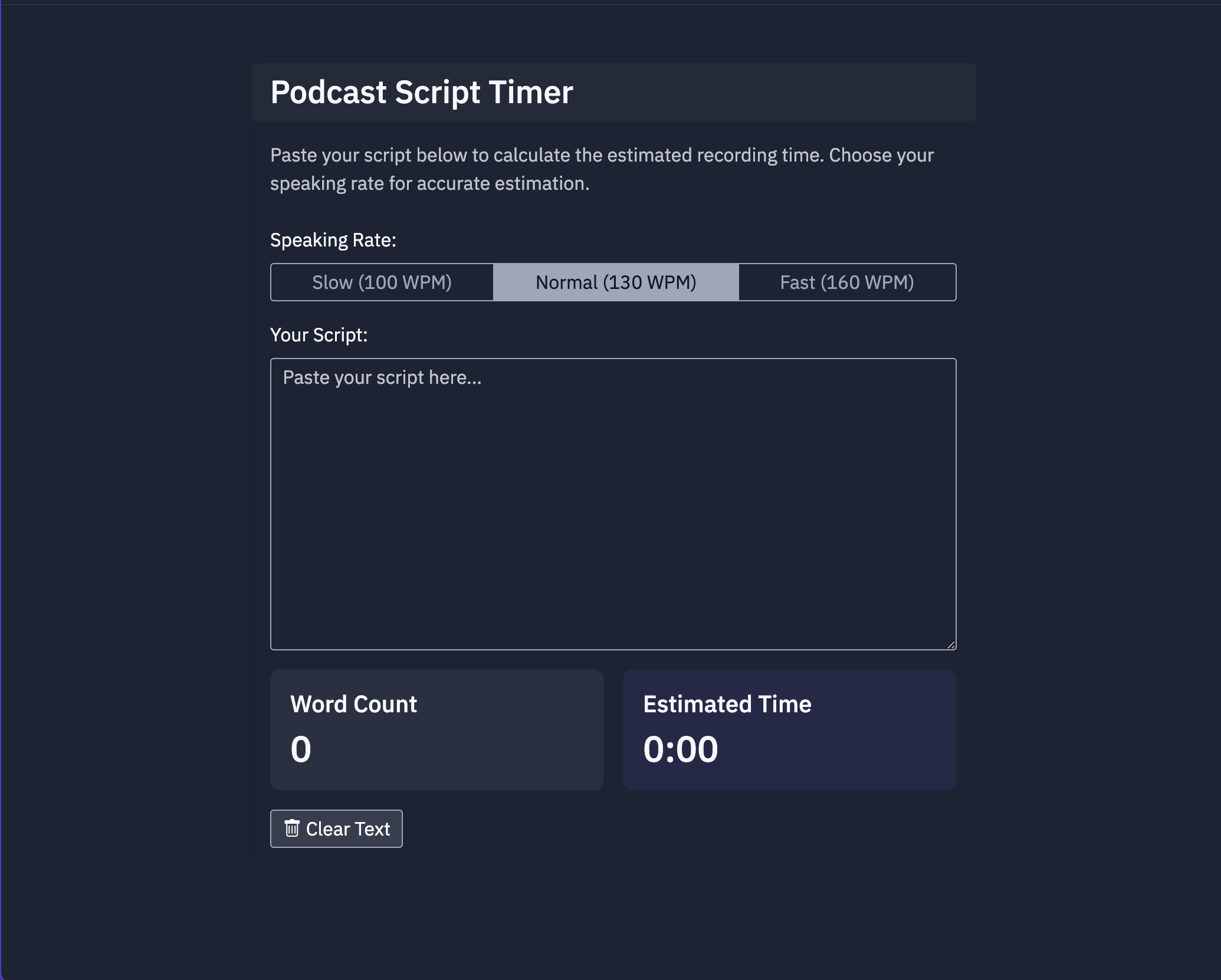 Showing the podcast script timer we made with Replit, a first attempt!