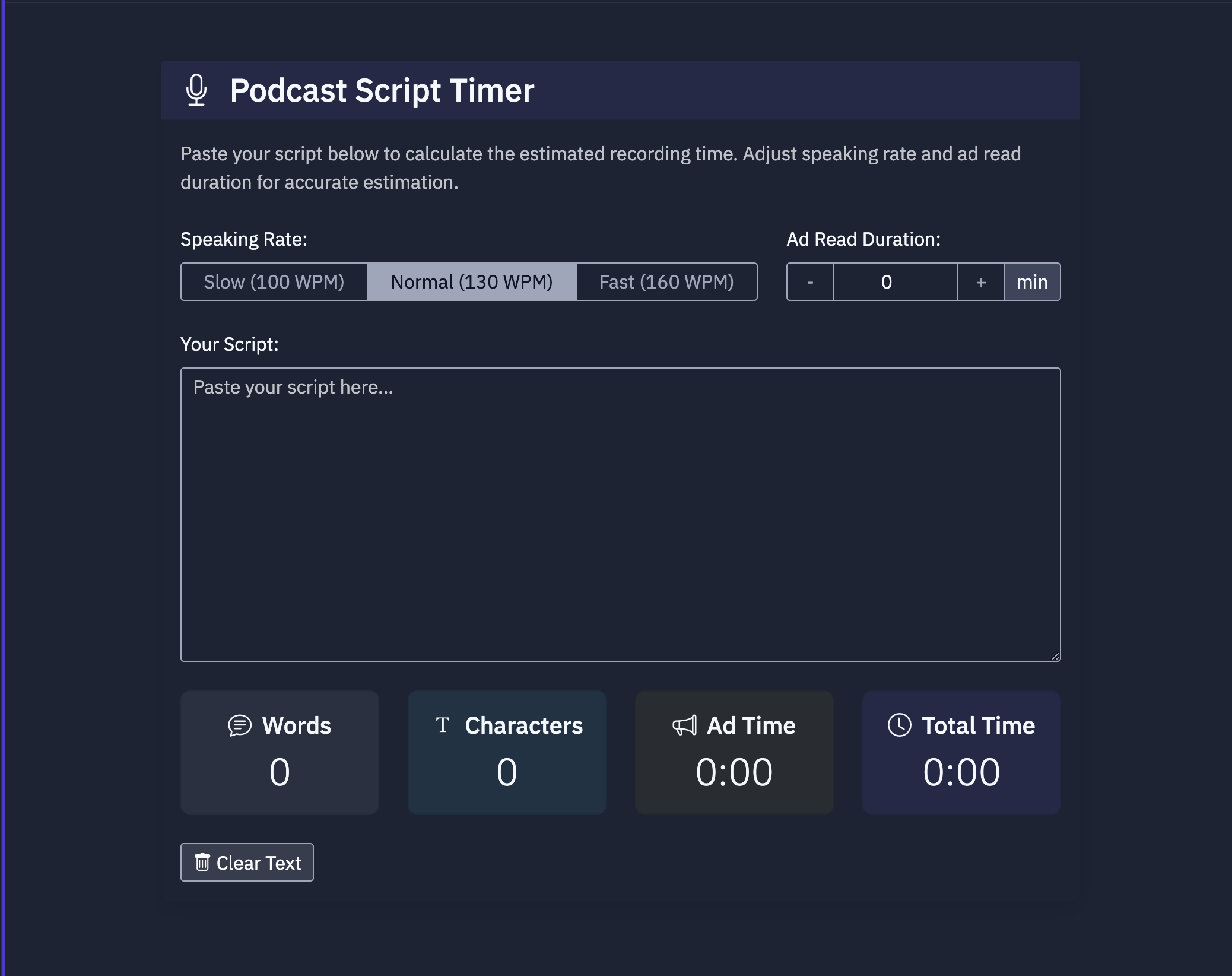 Our podcast script timer with some new features thanks to the Replit Agent