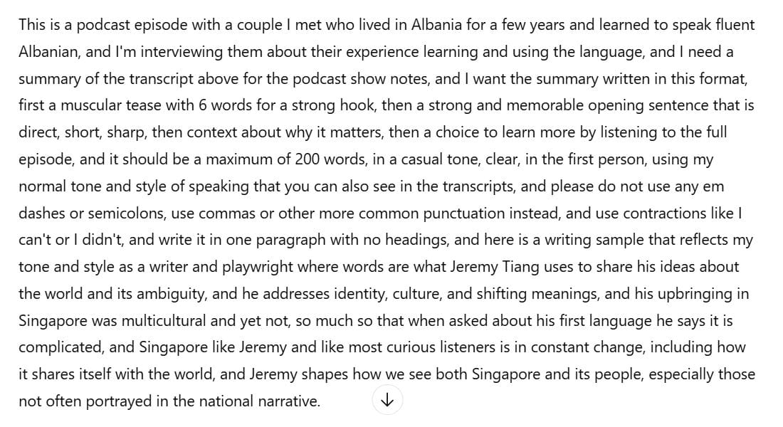 Screenshot of the same ChatGPT megaprompt written as one long paragraph with no headings or visual formatting.