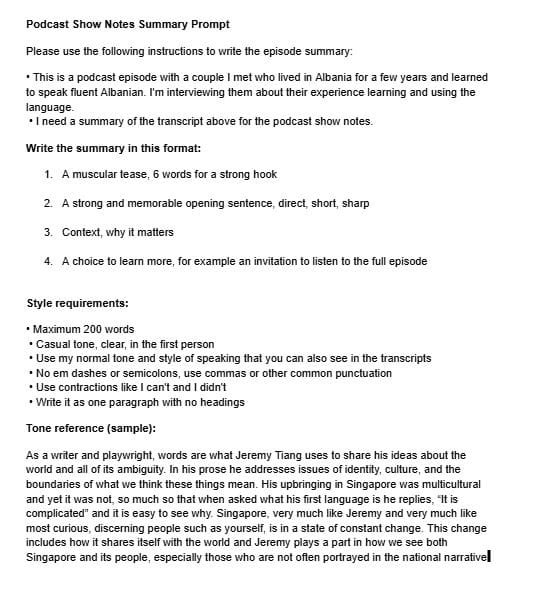 Screenshot of a formatted ChatGPT megaprompt for podcast show notes, using headings, bullet points, and numbered steps to outline structure, style rules, and constraints.