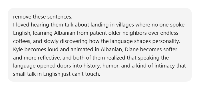 Screenshot of a ChatGPT prompt asking the model to remove specific sentences from the initial show notes draft.