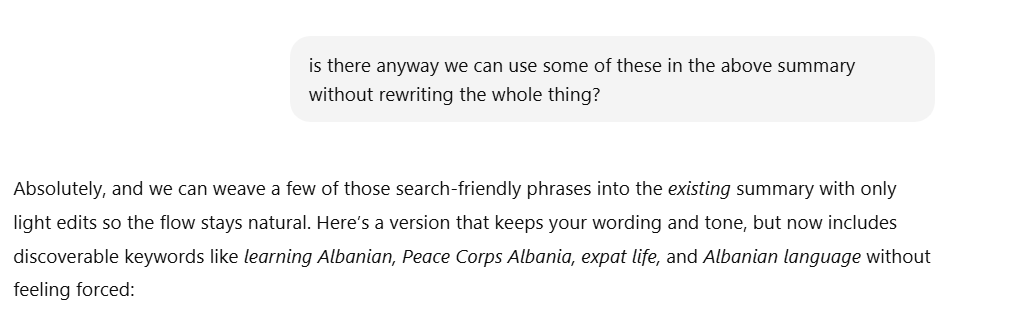 Screenshot of a ChatGPT conversation where the user asks how to add SEO keywords to existing show notes without rewriting them, followed by ChatGPT explaining how it will weave keywords into the summary.