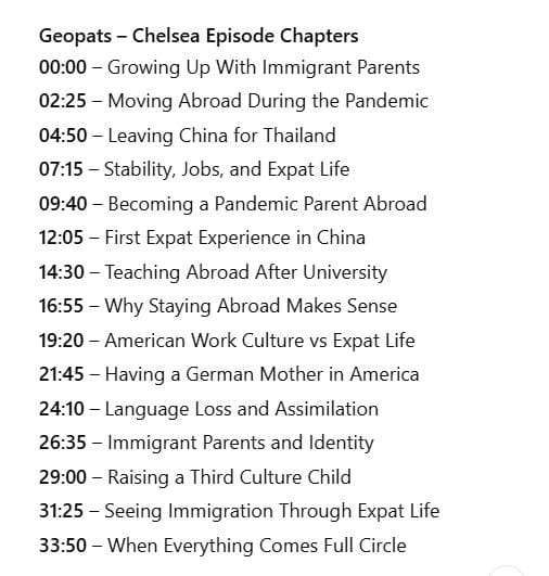 screenshot showing the final audio chapter titles with initial timestamps for a podcast episode, generated before completing the human timestamp check.