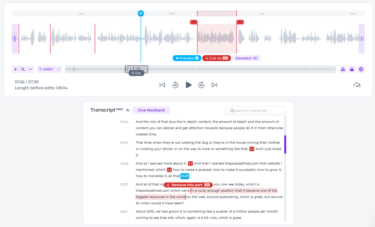 Transcript-based podcast editing in Alitu 