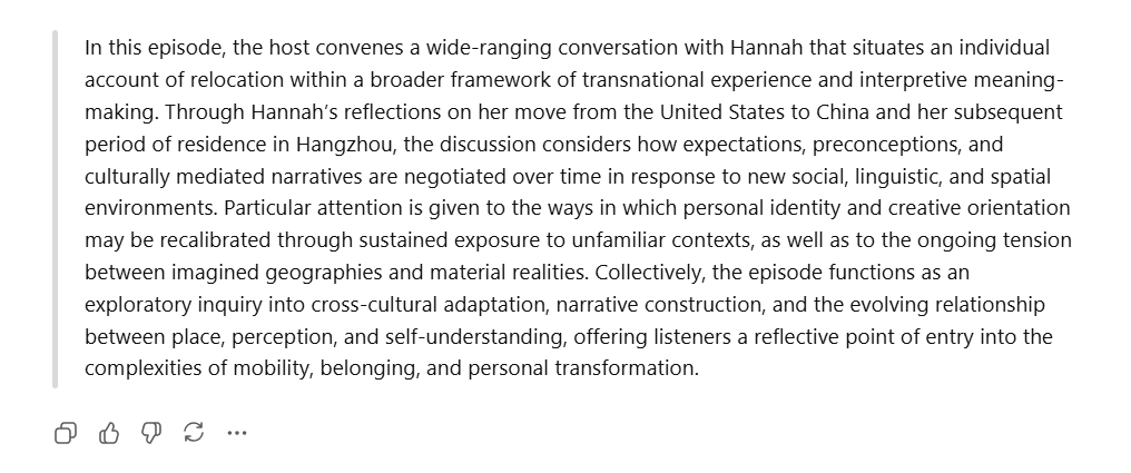 An example of off tone and too complicated of language in a podcast episode summary. 