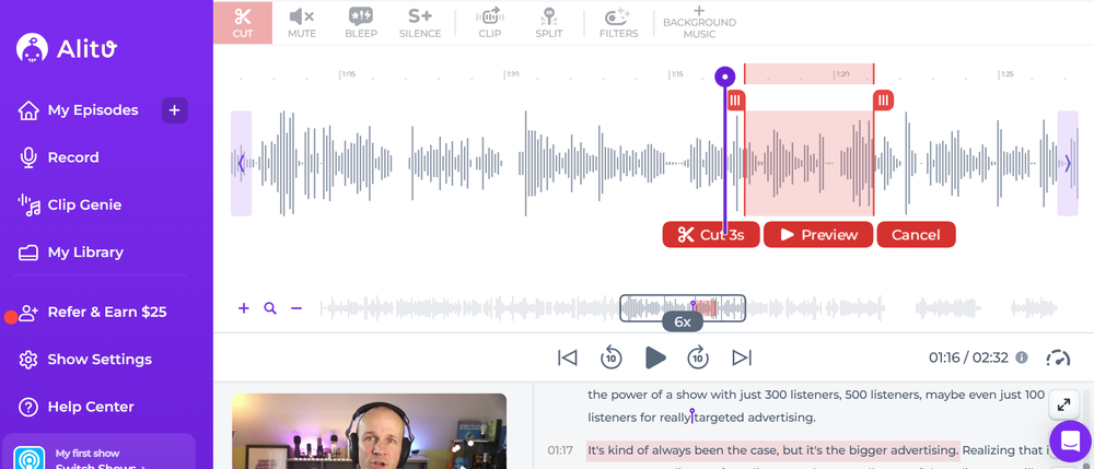 Editing a video by deleting text in Alitu